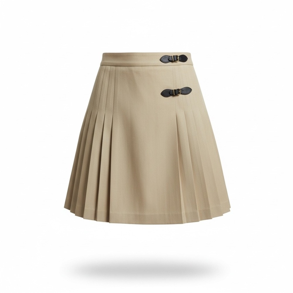 Academia Collegiate Pleated Midi Skirt Tan Wool Blend Buckle Women Size 2